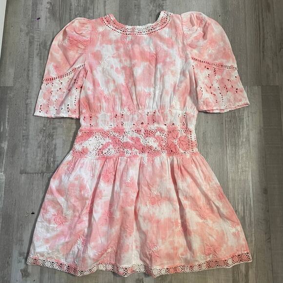LoveShackFancy Divine Bloom Embroidery Mini Dress  in Pink Tye Dye Size 10 - Picture 12 of 15